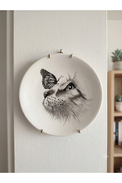 ŞahdarÇini 18 cm Modern Çini Duvar Tabağı - Kedi ve Kelebek Tasarımlı