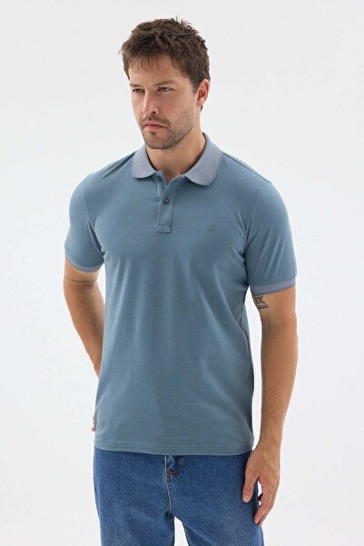 İmza Dark Blue Polo Collar Pique Short Sleeve Slim Fit 100% Cotton T-Shirt 10...
