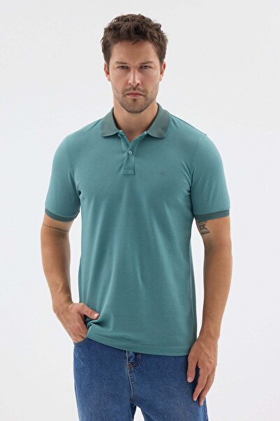 İmza Mint Green Polo Collar Pique Short Sleeve Slim Fit 100% Cotton T-Shirt 1...