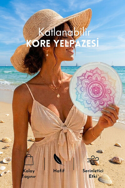 Bimotif Katlanabilir Kore Yelpazesi, 25cm Çantalı Kolay Taşınabilir Serinleti...