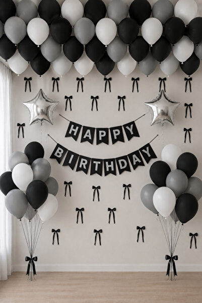 HAPPYLOOPPARTY Set de aniversare cu baloane negre, gri și albe, cu panglici, ...