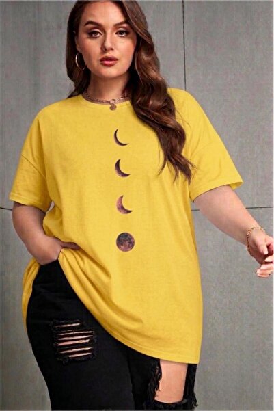 Oksit Moon Women's Large Size Oversized Printed Crew Neck Cotton T-Shirt Rela...