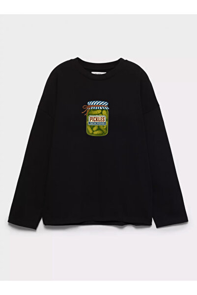 Disante 100% Cotton Oversize Fit Pickles Printed - Crew Neck Long Sleeve T-Shirt
