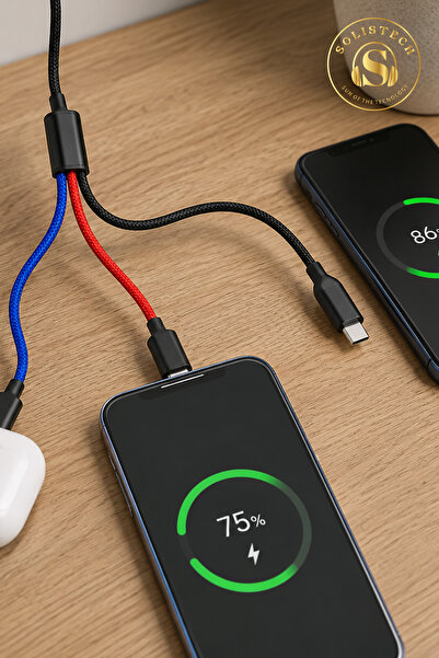 Solistech 3 in 1 süper hızlı örgülü yırtılmaz kırılmaz 1.2 metre USB & typ-c lightning micro başlıklı kablo