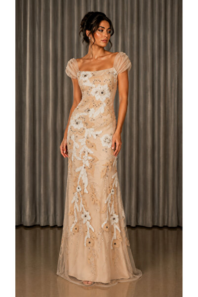 Bamah High-End Beige Color 3D Flower Embroidery Evening Dress