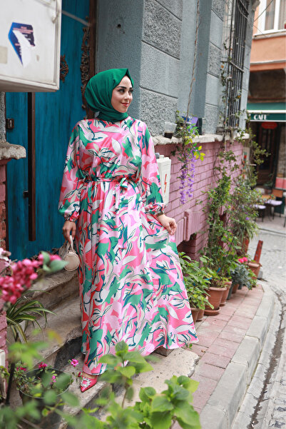 suffemoda Patterned Satin Women's Hijab Dress with Elastic Waistband and Belt...