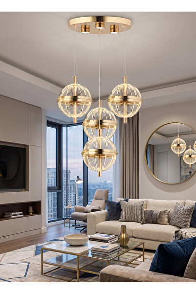 KKG ELEKTRİK Modern Gold Cam Küre Sarkıt Avize 4'lü LED Uyumlu Lüks Salon ve ...