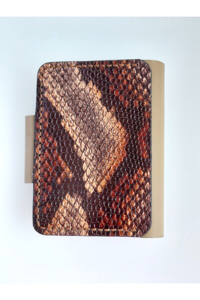 LUNA LUSTER Genuine Leather Snake Print 6-Compartment Brown Cream Minimalist Card Holder & Wallet Drc78