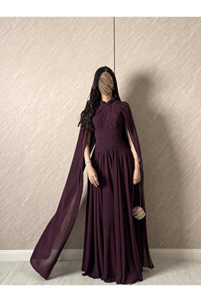 ALANOOD Burgundy Chiffon Evening Dress with Flowing Cape