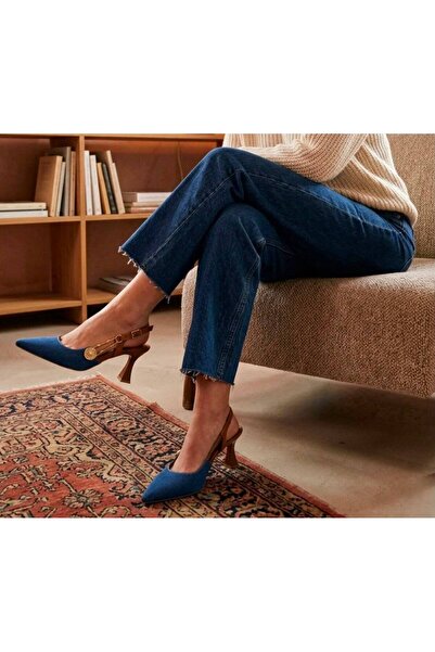 lady feet Kadın Sivri Burun Konik 7cm Topuklu mavi kot Slingback Yandan Tokal...
