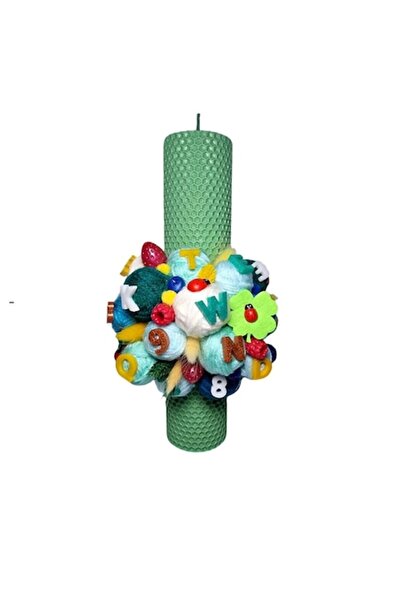 OEM Lumânare tip fagure pentru botezul unui băiat, decorată cu ghemuri de fir...