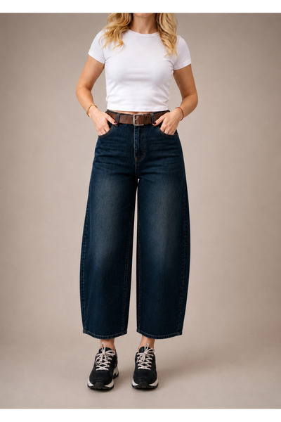 MRİABE Pantaloni de damă din denim verde, cu talie înaltă, lungime până la gl...
