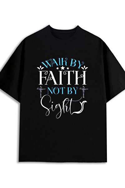 LİNA06 تي شيرتات نسائية تحمل عبارة 'Faith Over Sight' بتصميم أسود عصري، مثالي...