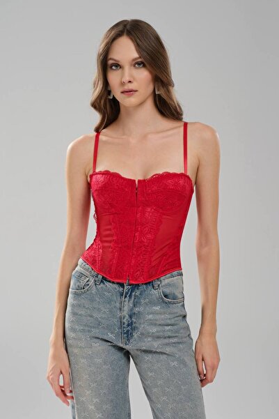 tw3 Women's lace-trimmed corset blouse with tie-back design