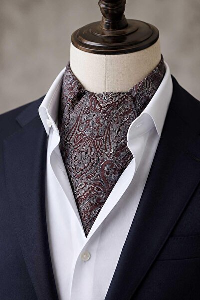 Kravatkolik Burgundy Shawl Pattern Italian Silk Ascot Tie Sac145