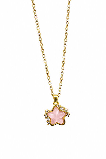 Jack Ferrero Steel Pink Star Pendant Necklace with Zircon Stone Detail and Ye...