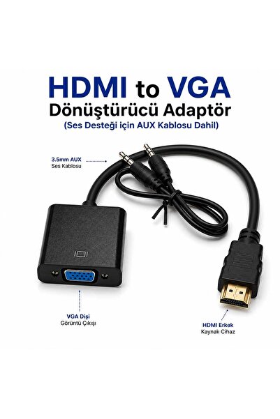 HDMI to VGA Görüntü Dönüştürücü Kablosu (Sesli) Monitör-Pc Kablosu