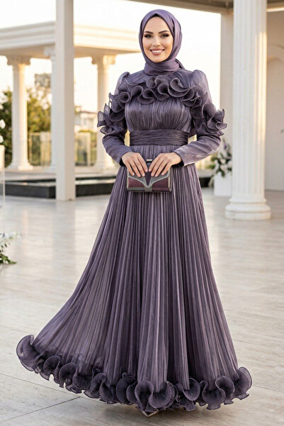 N.S NEVA STYLE Ruffle Detailed Dark Lilac Hijab Evening Dress 56612Klila