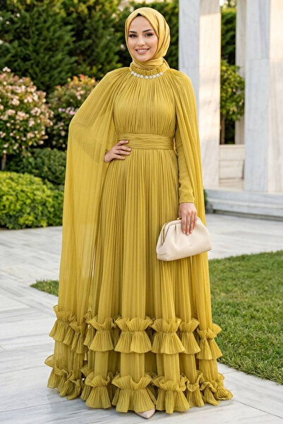 N.S NEVA STYLE Oil Green Shimmering Hijab Evening Dress with Cape and Stone E...