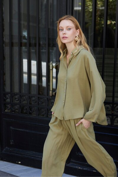 Suziş Women's Khaki Oversize Shirt and Shalwar Trousers Set 50957