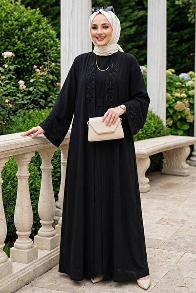 Neva Style İçlikli ve Nakış İşlemeli Siyah Tesettür Abaya Elbise 10581S