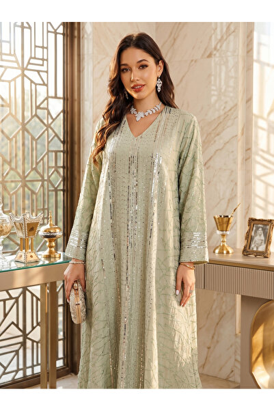 Greneric Elegant Long Abaya Dress with Luxury Silver Sequin Embroidery
