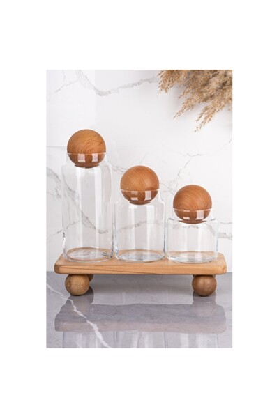 Empressco Set of 3 Glass Jars with Wooden Ball Lids, Sugar Bowl and Snack Con...