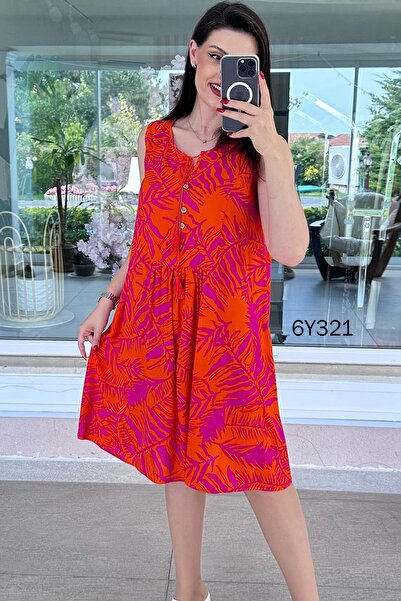 İnce Topuk Zero Sleeve Button Detail Viscose Dress 6Y321