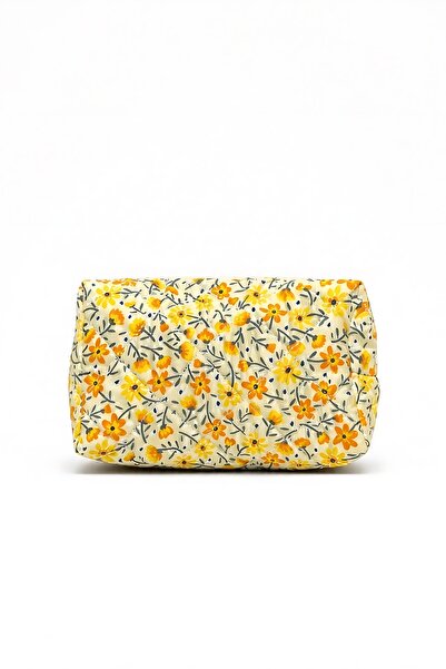 SHAKA Yellow Floral Patterned Shk114 Quilted Zippered Makeup Bag