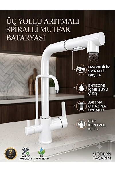RENA DESIGN BEYAZ ARITMALI SPİRALLİ 2 MODLU BAŞLIK L BORU MUTFAK EVYE BATARYA...