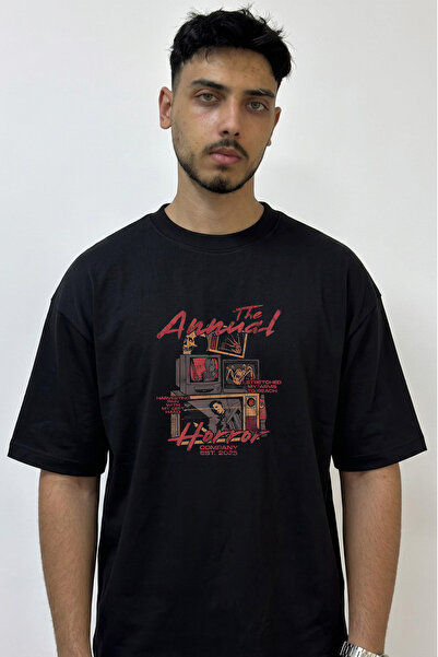 Anetos Horror Icons Design Printed Oversize Black T-Shirt