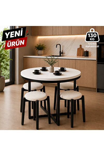 EDMONDA EV AKSESUAR ATLAS YUVARLAK 90 CM PUFLU 4 KİŞİLİK MASA TAKIMI BALKON M...