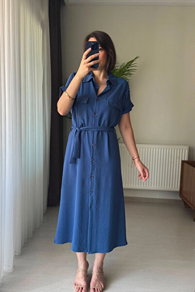 Kubos Moda Short Sleeve Shirt Collar Pocket Belted Blue Dress