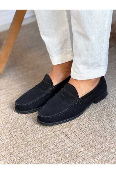 manch collection Suede Inside 100% Leather Loafer Shoes Black