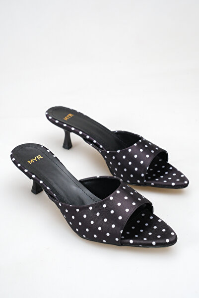 meyra'nın ayakkabıları Women's Pointed Toe Heeled Satin Sandals Black Polka Dot