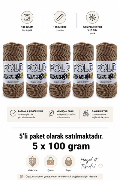 BD fold yarn Simli Polyester Makrome No.3 100 Gr - 115 M - 1 Mm Kalınlık Örgü...