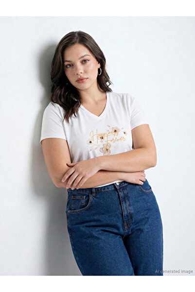 LC Waikiki Tricou de damă cu decolteu în V, imprimat, 100% bumbac