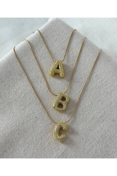 Haziran Accessory, Gold Steel Necklace with Zircon Stones and Chubby Letter, ...