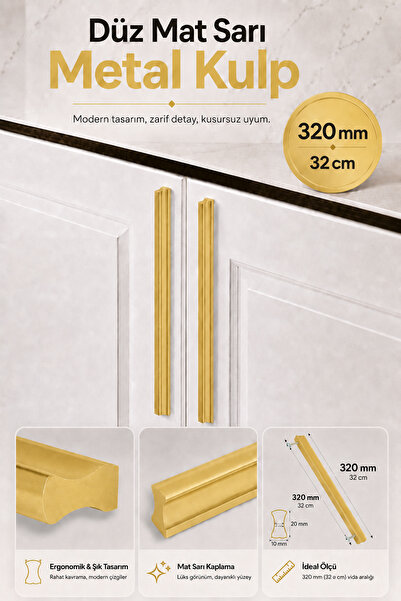 Badem10 Özen Metal Mat Sarı Çekmece Kulp 320 mm Dolap Kapak Kolu Modern Şık T...