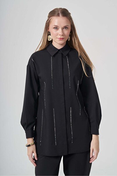 FTZ WOMEN Kadın Taşlı Poplin Gömlek Siyah 31440