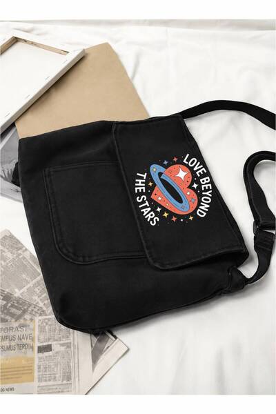 Minga London Black Love Beyond the Stars Printed Denim Messenger Bag