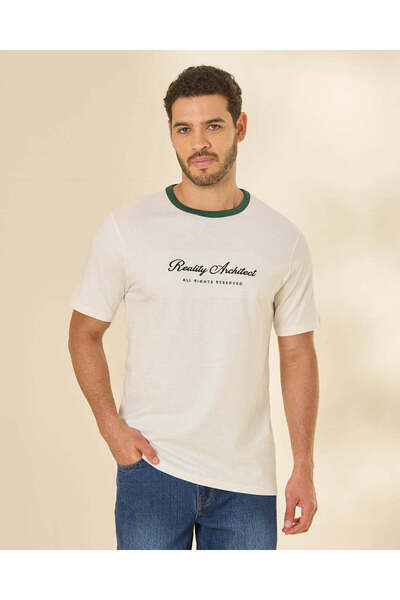 REDTAG Men Cream Textured Ringer T-Shirt