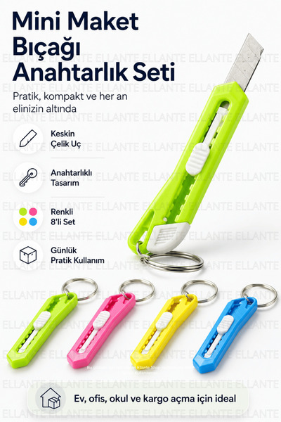 ellante Mini Maket Bıçağı Anahtarlık Çelik Uç Sürgülü Kargo Koli Paket Zarf A...