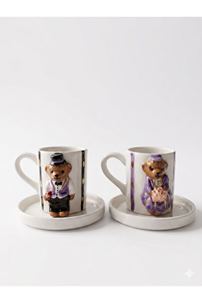 seda seramik Handmade Set of 2 Ceramic Coffee Cups - Gold Gilded Teddy Bear P...