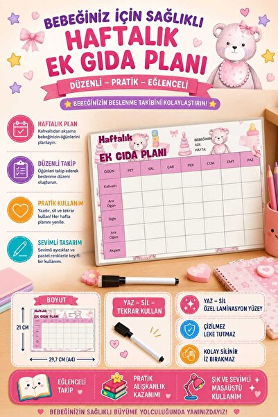 URDE Yaz Sil Pembe Bebek Haftalık Ek Gıda Tablosu ve Beslenme Planlayıcı - Te...
