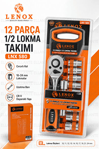 ellante 12 Parça 1/2" Lokma Takımı | CR-V Çelik Cırcırlı Kol | Oto, Motosikle...