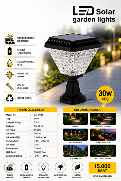 Gold ROYAL Solar Bahçe Aydınlatma LED 30W Armatür Beyaz Işık