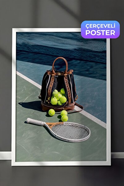 Postifull Poster cu rachetă și mingi de tenis, poster în cadru alb, seria Old...