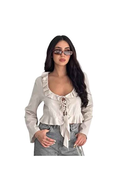 Barinoska Women's Linen Blouse Long Sleeve Lace-Up Detailed Ruffle Collar Sum...