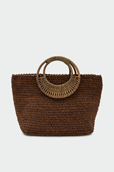 LAMİNTA Orlena Bamboo Strap Detailed Hand Knitted Bitter Brown Straw Bag